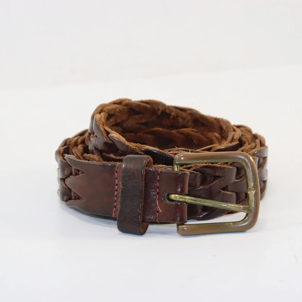 Unbranded Braided Leather Belt Mens 48 Brown‎ Woven Brass Buckle Western Vintage